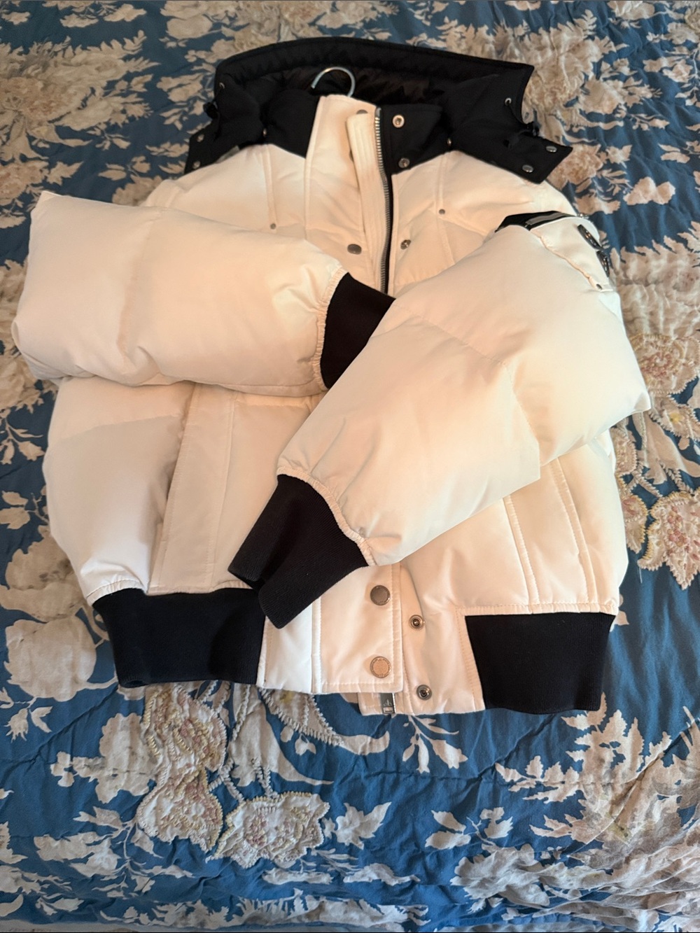 Moose Knuckles White Puffer Jacket with Black Trim and Hood
